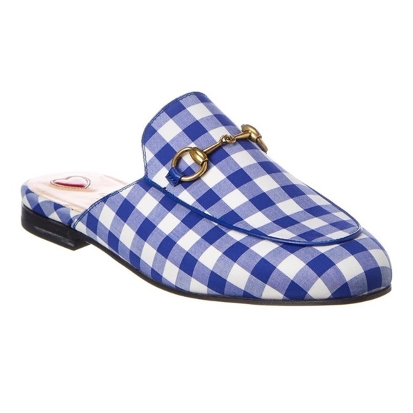 Gucci Horsebit Princetown White Blue Plaid Gingham Loafer Mules - Picture 2 of 9